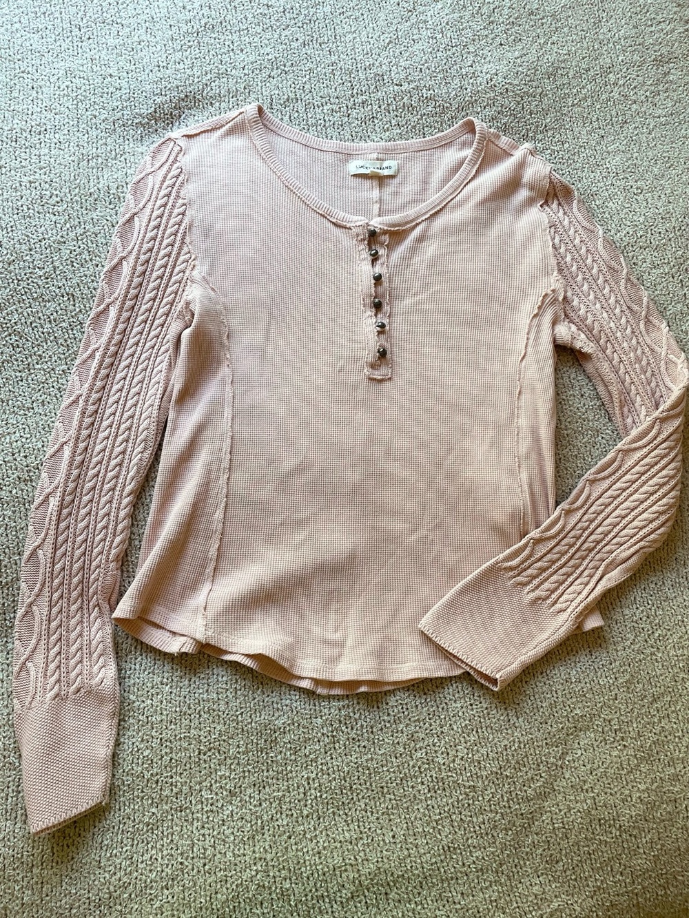 100% Cotton Lucky Brand Pink Textured Sleeve Henley - size L - Picture 6 of 11